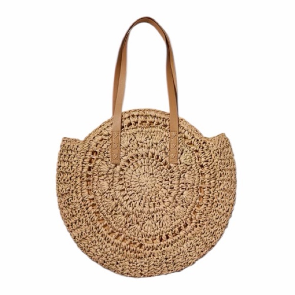 Woven Straw Slouchy Round Tote Bag In Khaki NWT